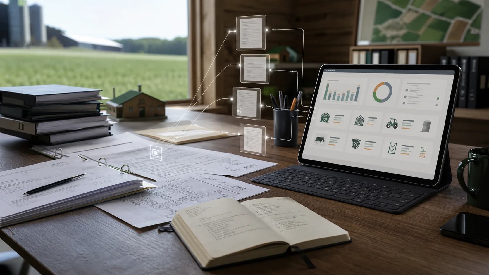 Farmbüro mit Versicherungsunterlagen, Risiko-Fragebögen und digitalem Dashboard als Symbol für KI-gestützte Vertragsanalyse
