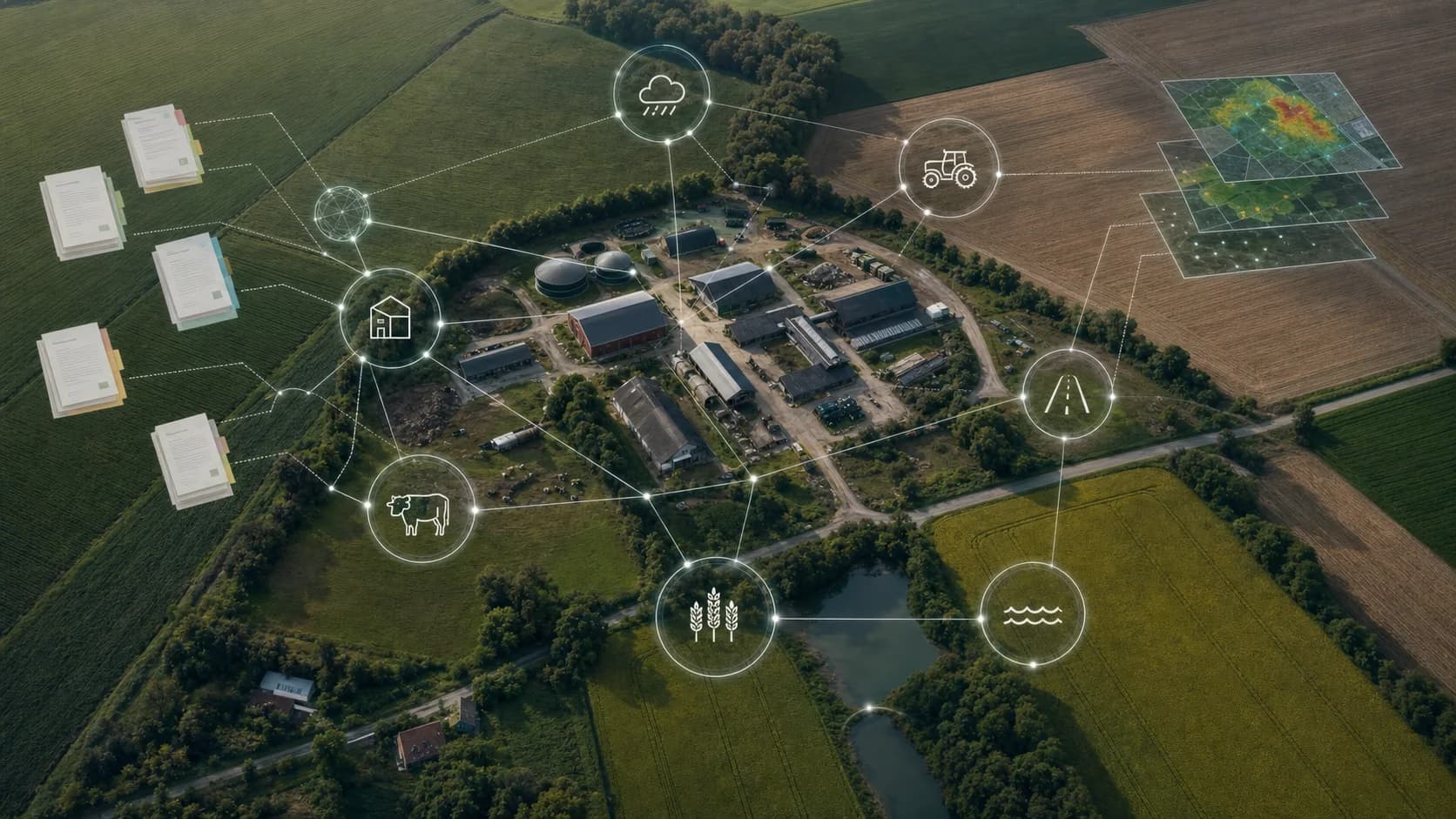Luftbild eines landwirtschaftlichen Betriebs mit verbundenen Risikodaten, Vertragsdaten und geospatialen Signalen